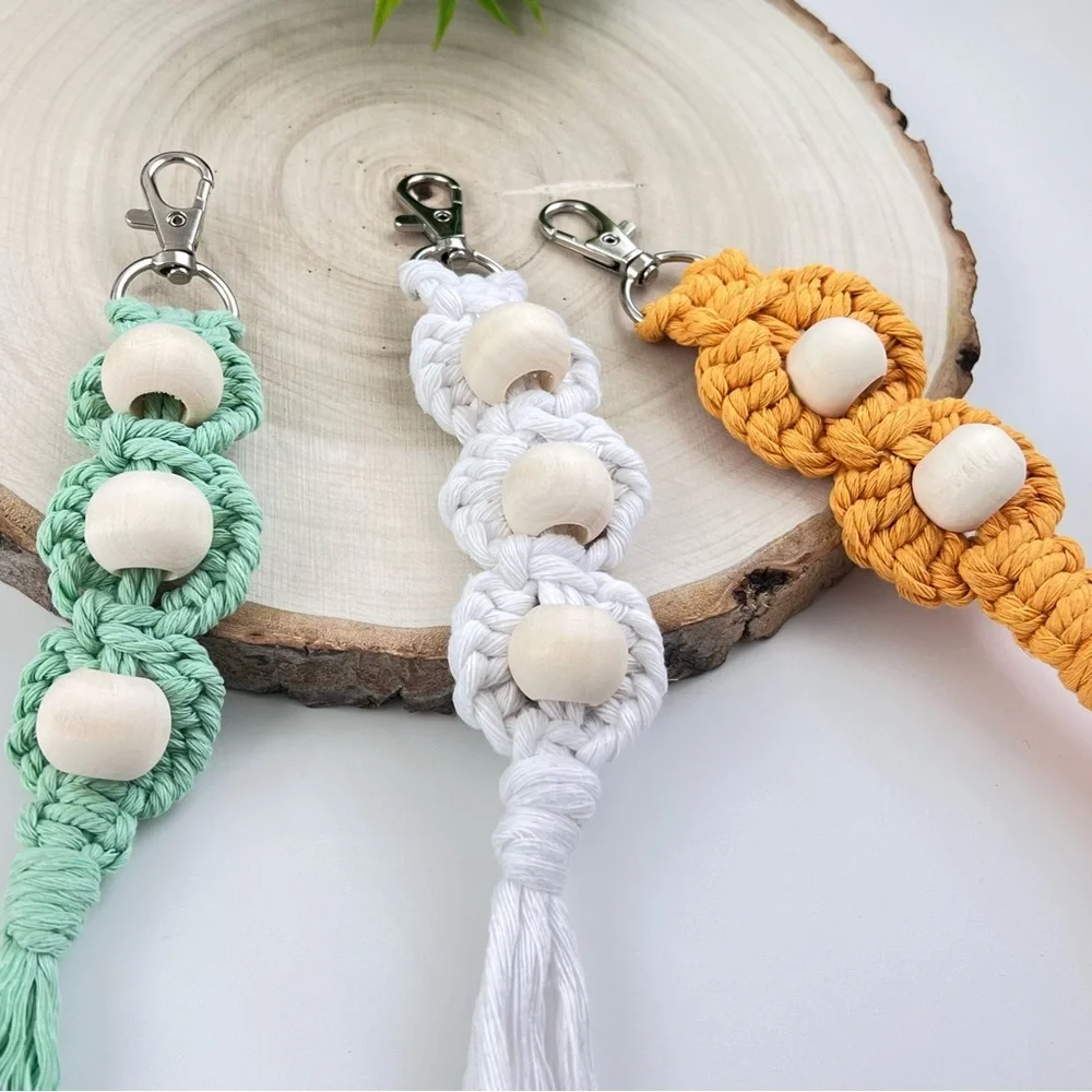 Macrame Floral with Wooden Bead Boho Keychain